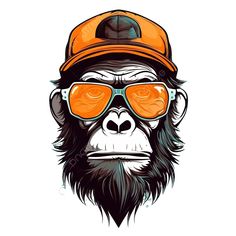 a monkey wearing glasses and a baseball cap with an orange visor on it's head