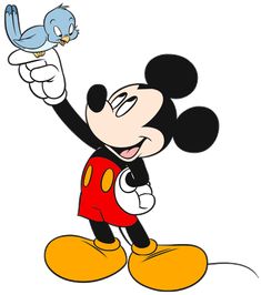 mickey mouse with a blue bird on his shoulder and one hand up in the air