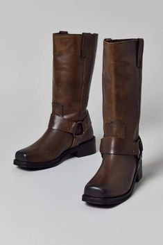 UO Moto Harness Boot | Urban Outfitters Leather Harness, Frye Boots, Harness Boots, Vintage Boots, Low Block Heels, Classic Boots, Moto Boots, Cool Boots, Pull On Boots