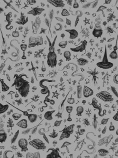 a black and white drawing of various items on a gray background, all in different shapes and sizes