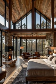 Embrace winter in style with cabins designed for modern luxury. Featuring light color palettes and cozy interiors, these retreats offer warmth and elegance. Luxury Cabin Bedroom, Cozy Alpine Chalets With Mountains, Luxury Cabin Interior With Fireplace, Luxury Cabin With Glass Walls, Luxury Log Cabin In Winter, Modern Cabin With Large Windows And Fireplace, Luxury Cabin With Large Windows, Luxury Ski Cabin Architecture, Luxury Cabin Interior