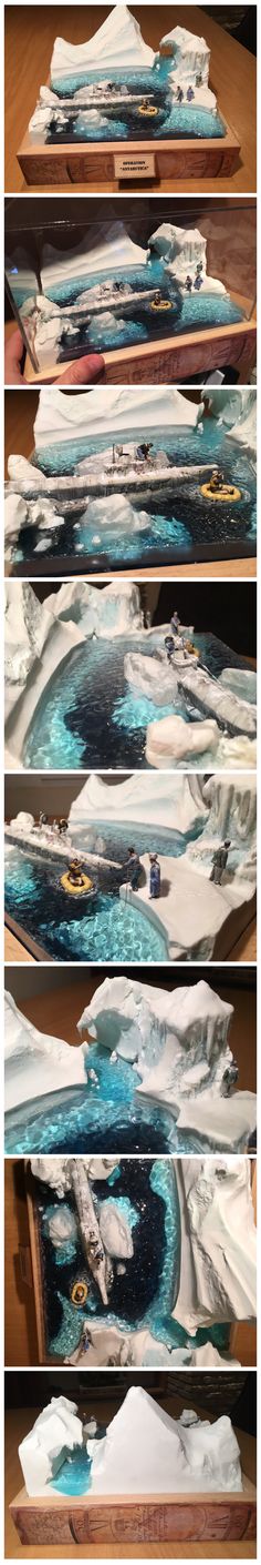 three different views of the ocean from above, with blue and white water in it