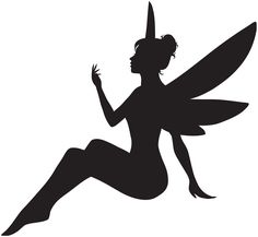 a black and white silhouette of a fairy sitting on the ground with her legs spread out