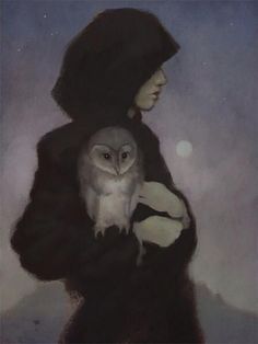 a painting of a woman with an owl on her arm and the moon in the background