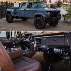 two pictures of the same truck in different stages of being restored and re - painted