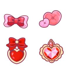 four different types of bows and brooches are shown in this image, one is red