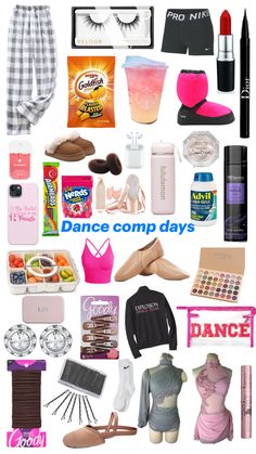 the words dance comp days are in front of an image of clothes and other items