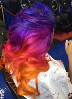 Ombre Hair Color Vivid, Colourful Ombre Hair, Summer Colored Hair, Bright Color Ombre Hair, Crazy Color Hair, Dark Sunset Hair, Purple To Orange Hair, Dark Rainbow Hair Color Ideas, Sunset Hair Dye Ideas
