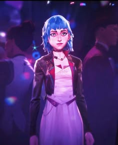 an animated image of a woman with blue hair in a purple dress and black jacket