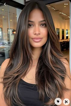 Espresso Brown With Warm Highlights, Highlights For Dark Brown Hair Tan Skin, Long Black Hair Brown Highlights, Brown Highlights In Black Hair, Brown Black Balayage, Warm Highlights On Black Hair, Mocha Hair With Highlights, From Black To Brown Hair, Brown Girl Hair Color Ideas