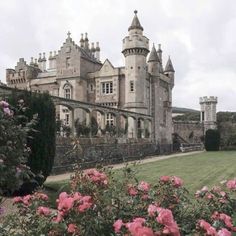 an old castle with pink flowers in the foreground