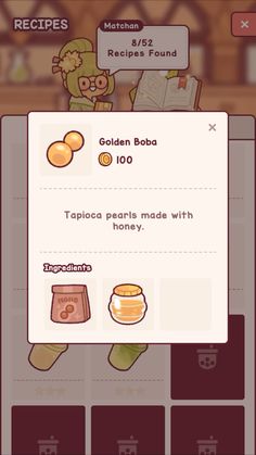 the menu for an animated game with food items