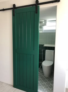 a bathroom with a green sliding door and toilet