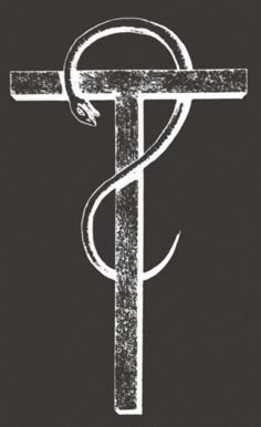 a cross with a snake on it and the word's symbol in white ink