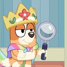 a cartoon dog wearing a crown and holding a magnifying glass