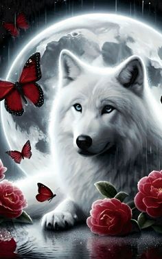 a white wolf with blue eyes sitting in front of a full moon and red roses