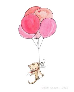 a drawing of a cat holding onto some balloons