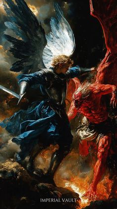 an angel attacking a demon on top of a red dragon