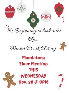 a flyer for a holiday event with ornaments and candy canes hanging from the ceiling