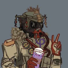 a man in a gas mask holding a drink