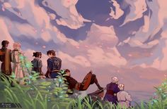 several people standing on top of a hill looking at the sky and clouds above them