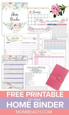 the free printable home binder is shown with flowers and text that reads,