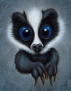 a painting of a black and white raccoon with blue eyes on a gray background
