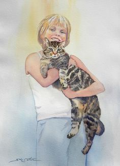 a painting of a woman holding a cat in her arms and looking at the camera