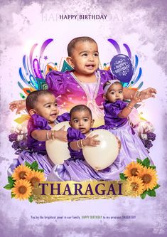 a birthday card with three babies in purple dresses