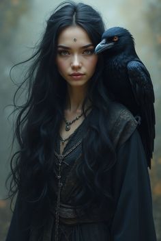 a woman with long black hair and a crow on her shoulder