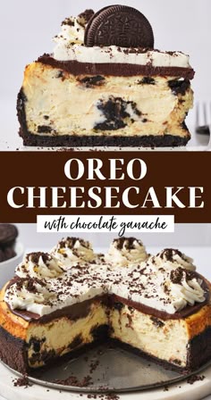 oreo cheesecake with chocolate and graham cracker crust on top is cut in half