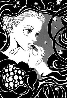 a black and white drawing of a woman brushing her teeth with bubbles in the background