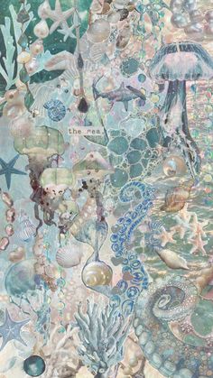 an image of a painting with many different things on it's surface, including shells and sea animals