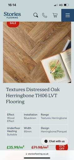 an advertisement for the flooring store, with text that reads textures distressed oak herringbone t06 lvt