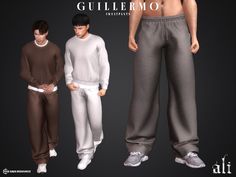 three men in sweatpants and sweaters standing next to each other with their hands on their hips