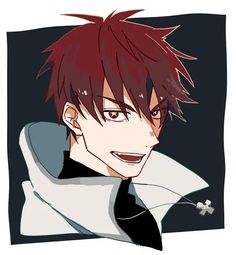 an anime character with red hair and piercings on his ears, smiling at the camera