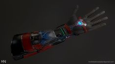 an iron man glove with glowing eyes on it's fingers and hands, in the dark