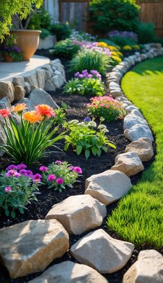 a garden with rocks and flowers in it
