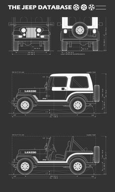 the jeep is shown in three different positions, and it's blueprinted