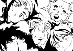 an image of some anime characters with their faces drawn in black and whit lines