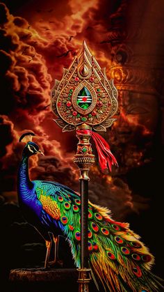 a peacock standing on top of a pole under a sky with clouds and birds in the background
