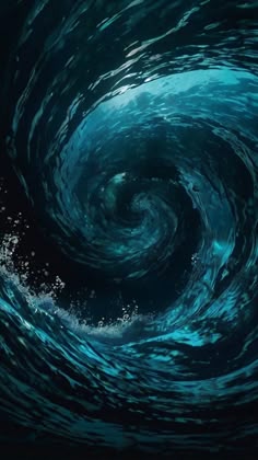 the inside of a large blue wave with water swirling in it's center and some bubbles
