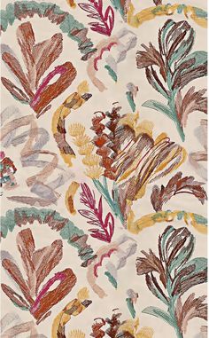 an abstract floral design on white fabric with multicolored flowers and leaves in the background