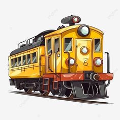 a yellow train is on the tracks with its lights on and no people around it