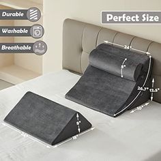the adjustable bed pillow is shown with measurements to fit comfortably into the headboard and foot board