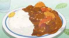 a white plate topped with meat covered in gravy next to a glass of water