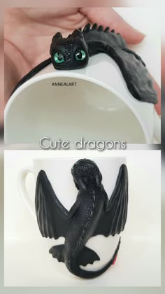 Toothless Black Dragon on white mug  from polymer clay. Handmade.