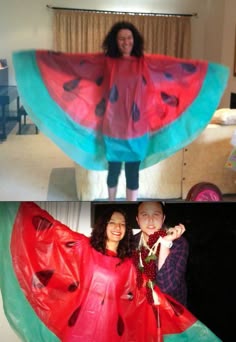 there are two pictures with one woman holding a watermelon costume and the other has a man standing behind her