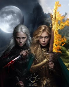two women holding swords in front of a full moon and mountain background, with the words'game of thrones'written below them