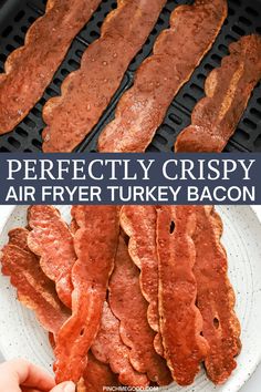 bacon is being grilled on the grill with text overlay that reads perfectly crispy air fryer turkey bacon